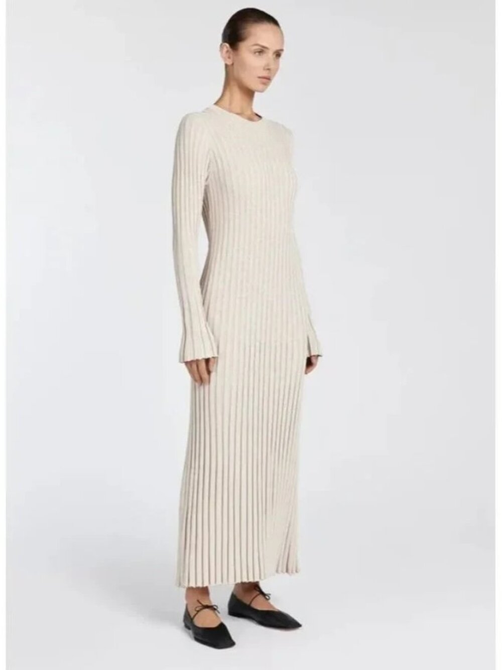NWT DISSH Ada Midi in Stone Long Sleeve Stretch Ribbed Knit Stretch Dress M